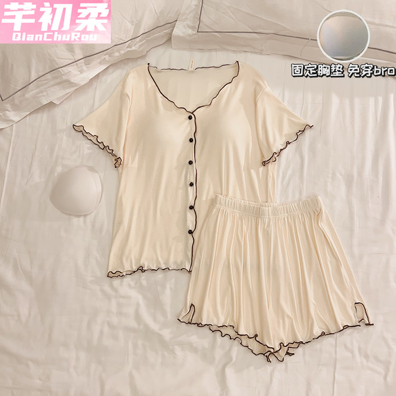 睡衣女夏季带胸垫一体短袖短裤开衫纯欲风甜美套装冰丝螺纹家居服