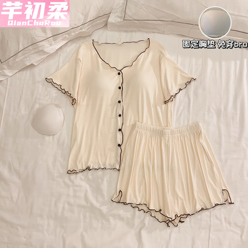 睡衣女夏季带胸垫一体短袖短裤开衫纯欲风甜美套装冰丝螺纹家居服