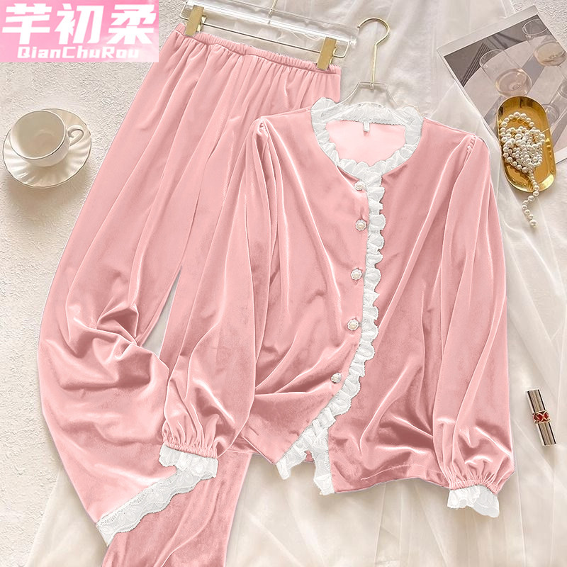 高级感金丝钻绒睡衣女春秋冬季娃娃领长袖长裤法式甜美家居服套装