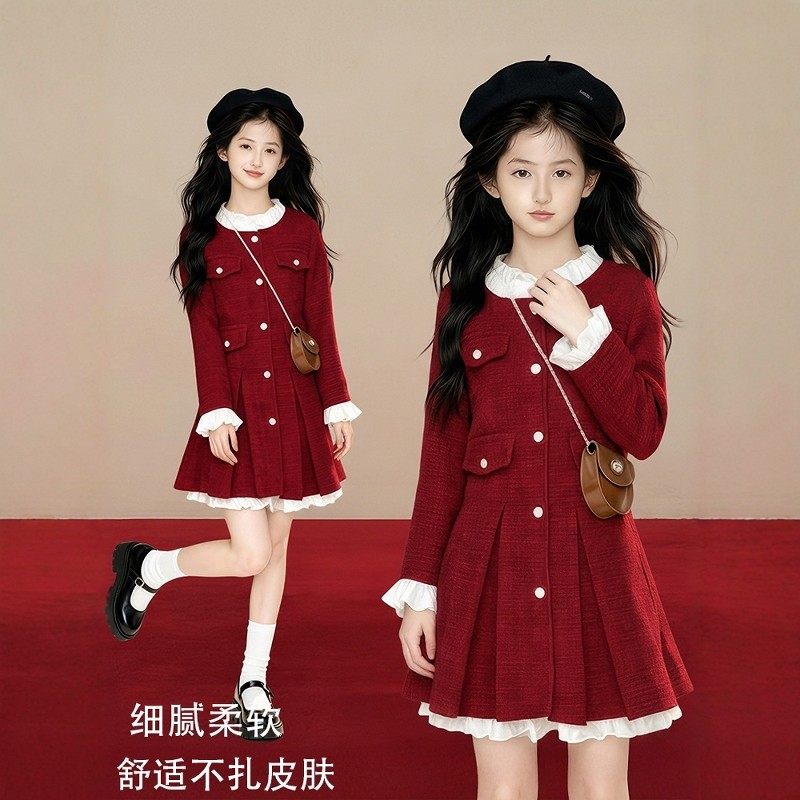 法国BADNUT女童连衣裙秋冬2025新款儿童小香风中大童红色新年裙子,童装/婴儿装/亲子装,连衣裙,淘宝优惠券,粉丝福利购,淘宝优惠卷