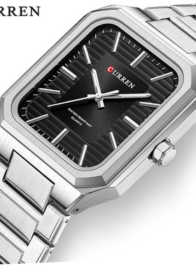 curren卡瑞恩8457男士手表 时尚方形石英钢带表 手表学生电子礼物