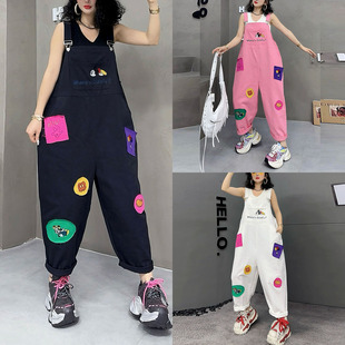 趣味贴布长裤 女宽松显瘦阔腿连体裤 卡通刺绣背带裤 春夏新款
