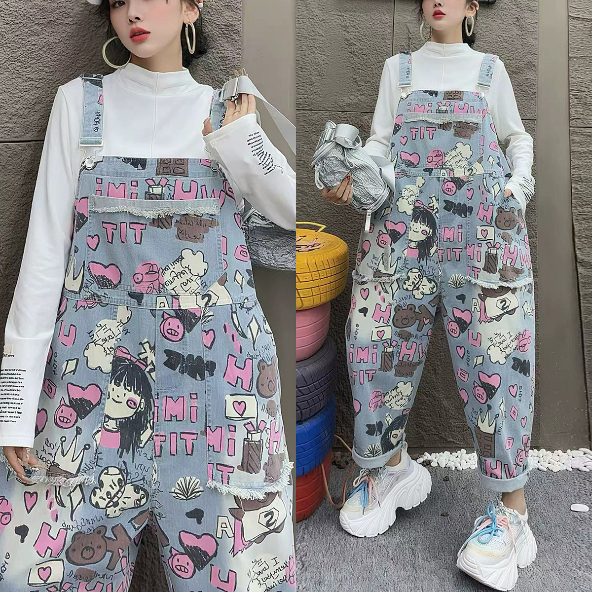 秋冬新款卡通风印花牛仔背带裤女宽松九分阔腿裤减龄显瘦休闲裤