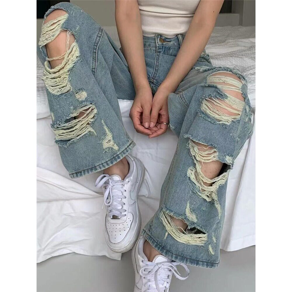 美式高街夏季大码阔腿乞丐裤显瘦牛仔裤