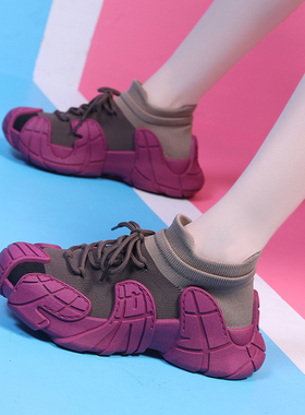 鞋子女2025新款爆款春秋袜子运动鞋紫色平底老爹鞋跑步八爪鱼女鞋