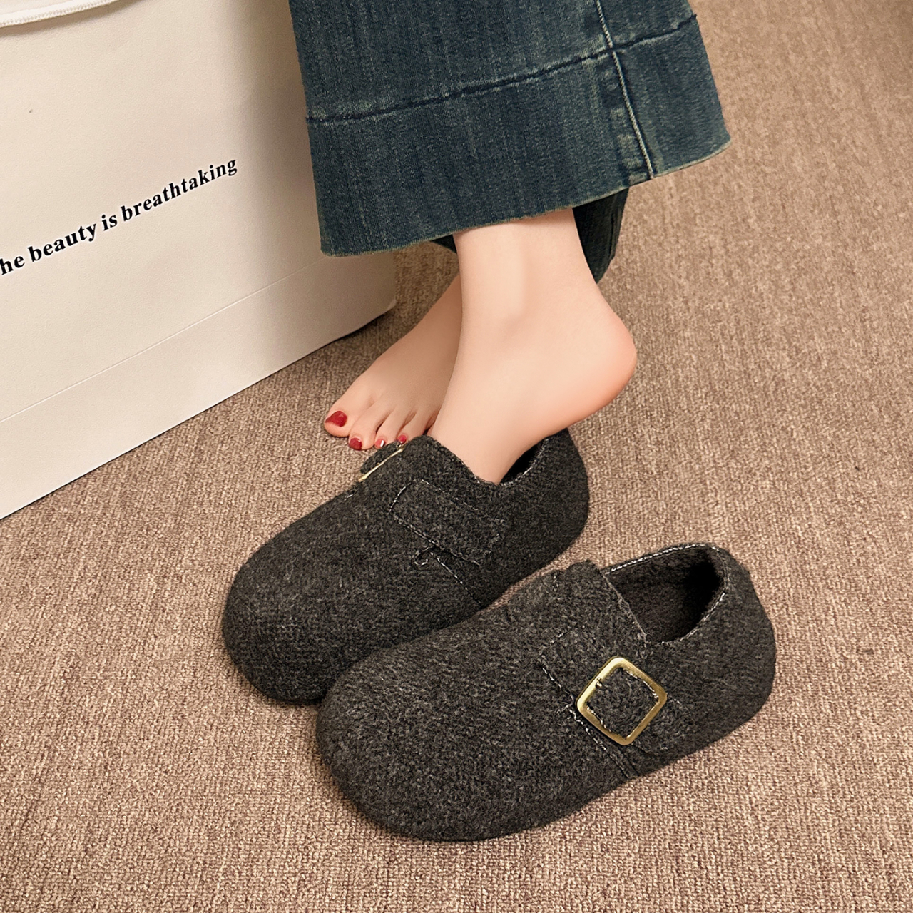 2025年秋冬女加绒一脚蹬百搭配裙子厚底保暖时尚勃肯鞋