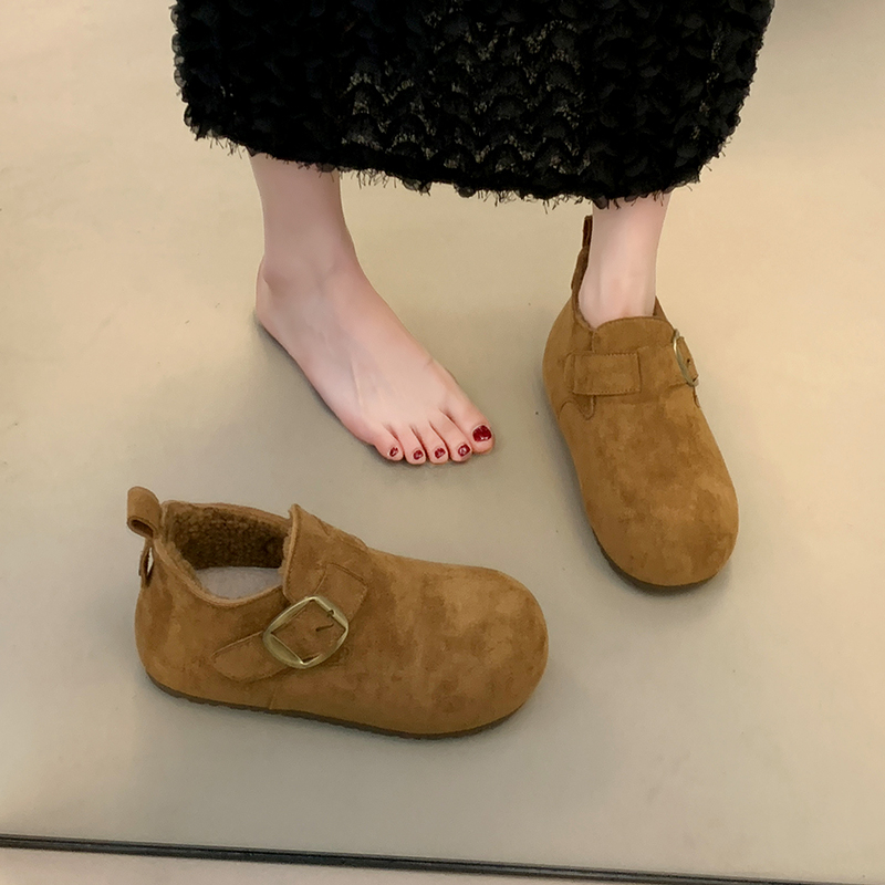 懒人外穿厚底一脚蹬2025秋冬女加绒棉鞋休闲软底勃肯鞋