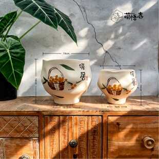 萌悟志 陶瓷花盆奶油风 新中式手绘蝴蝶兰桌面客厅小花盆现代简约