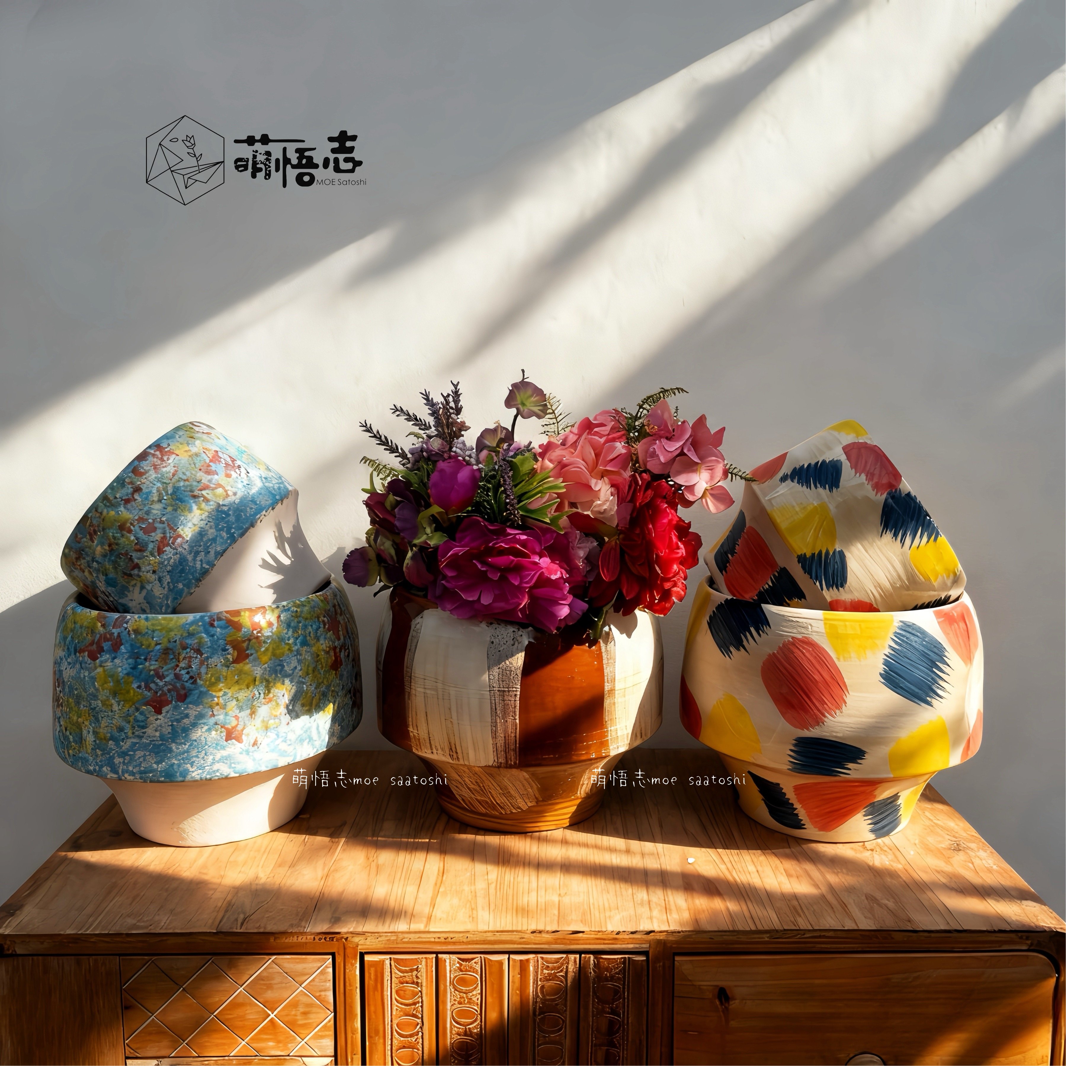 手绘简约复古陶瓷花盆三角梅发财树专用蝴蝶兰组合桌面盆栽清仓