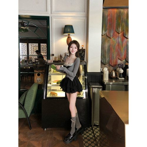 【瑞茜】黑道千金 秋季甜美风露思穿搭连衣裙开衫R9599-1D
