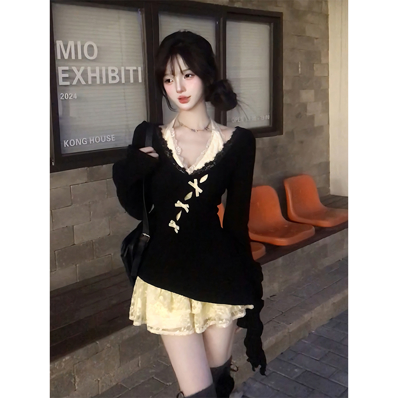 纯欲风针织罩衫蕾丝内搭连衣裙