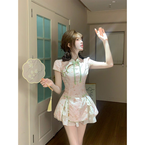 【瑞茜】桃枝凝翠 国风新中式原创设计飞飞袖上衣短裙R9218D