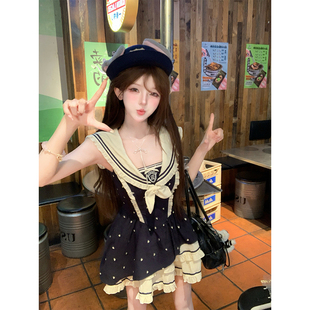 【瑞茜】海德校刊 夏甜美学院风小众设计海军领连衣裙R66190H