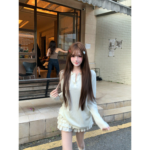 【瑞茜】奶糯甜妹 早秋休闲风小众设计长袖针织上衣半裙 R66912H