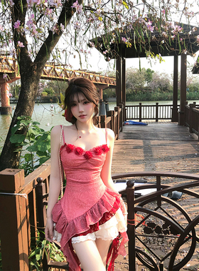 【瑞茜】绯蔷绽蕾 夏季纯欲修身显瘦不规则红色上衣半裙R3387W