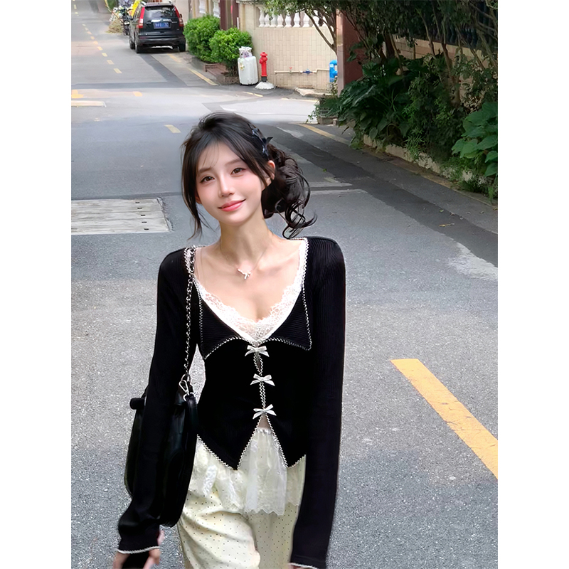 纯欲显瘦减龄蕾丝内搭黑色罩衫