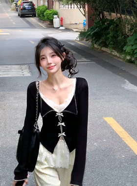 【瑞茜】暗里着迷 秋季纯欲显瘦减龄蕾丝内搭黑色罩衫R6522H