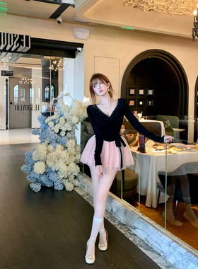 【瑞茜】 浪漫埃菲尔 秋纯欲千金风法式网纱连衣短裙 R2386L