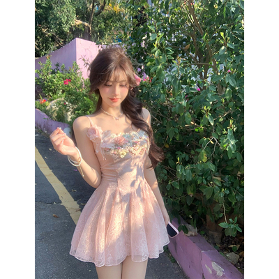 【瑞茜】花园梦境 夏季甜美显瘦蕾丝小众短款连衣裙R6086H
