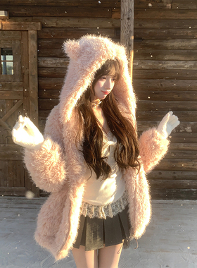 【瑞茜】粉色小熊 秋冬甜美可爱宽松毛毛外套R5635Z