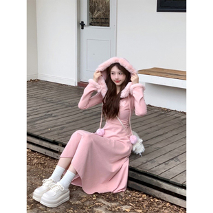 显瘦连帽兔毛连衣裙 秋冬纯欲修身 心愿便利贴 R5532 瑞茜