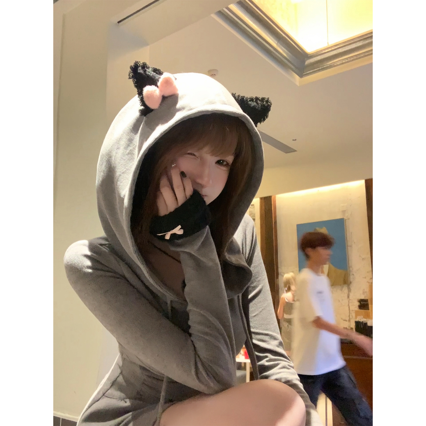 【瑞茜】猫系少女 秋冬纯欲风修身显瘦连帽连衣裙 R2342L