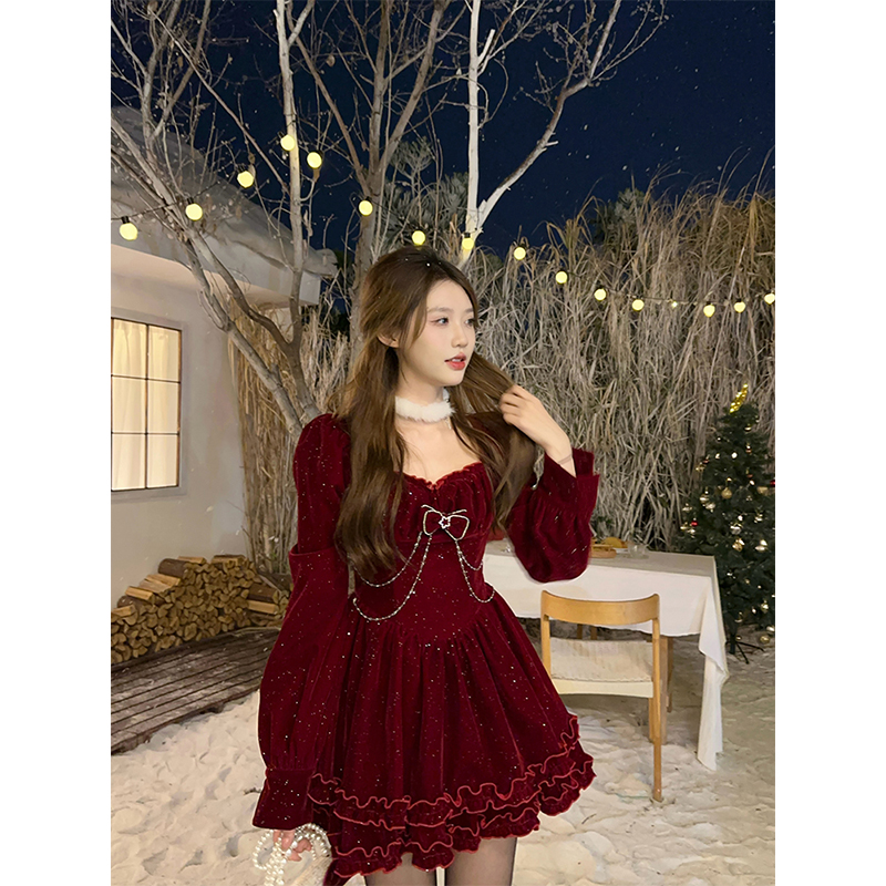 法式气质显瘦收腰长袖连衣裙