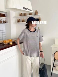 韩版 宽松显瘦百搭圆领条纹纯棉t恤女休闲上衣ins 新款 bluetree夏季