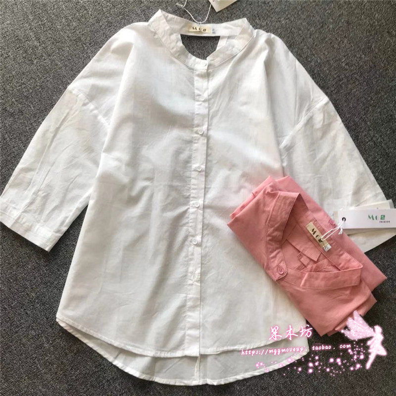 2024春夏新款薄棉布7分袖圆领宽松女衬衫开衫上衣女装直筒纯色Me2