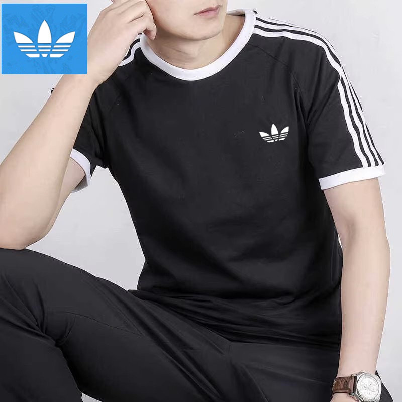 三条杠运动短袖T恤男女士纯棉圆领刺绣半袖休闲宽松经典跑步上衣