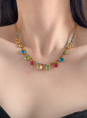 锆石铜镀金女多色宝石项链