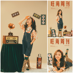女童90年代怀旧复古港风主题摄影服装走秀演出服牛仔背带裤艺术照