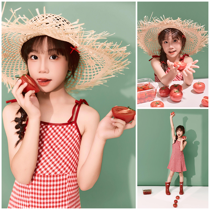 夏季镂空草帽主题摄影服装红格子连衣裙拍照衣服女童写真艺术照