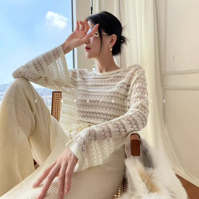 正奇特服饰/天丝桑蚕丝短款镂空针织衫薄款钩花罩衫防晒上衣女