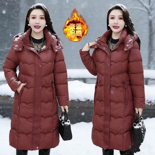 冬季连帽晋江羽绒棉服棉衣外套女2026新款加厚中长款过膝中年妈妈