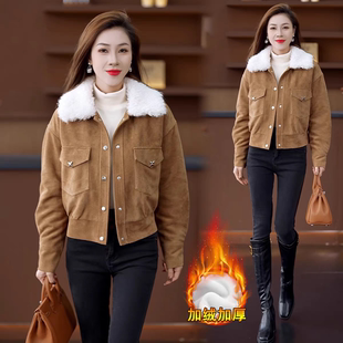 时尚加绒加厚短外套女2025冬季新款洋气显瘦可拆卸毛领麂皮绒上衣