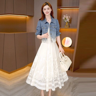 时尚套裙女2026春夏新款时髦洋气牛仔外套蕾丝拼接连衣裙两件套潮