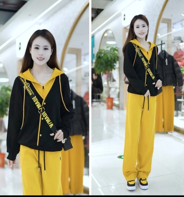 9913长袖宽松常规拼色早秋连帽卫衣开衫常规款拼接短款时尚上衣