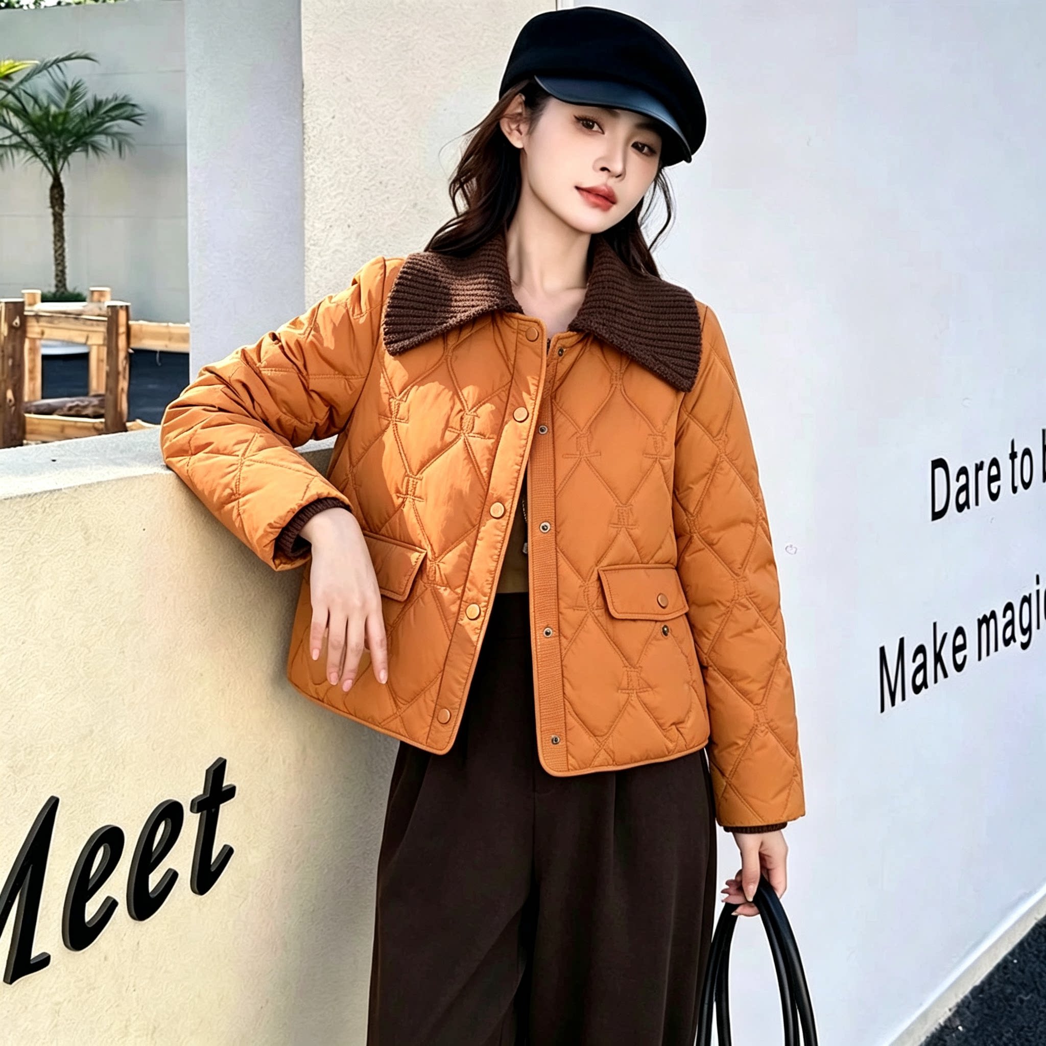 小个子短款棉袄外套女2025冬季新款洋气格子拼接立领保暖棉衣棉服