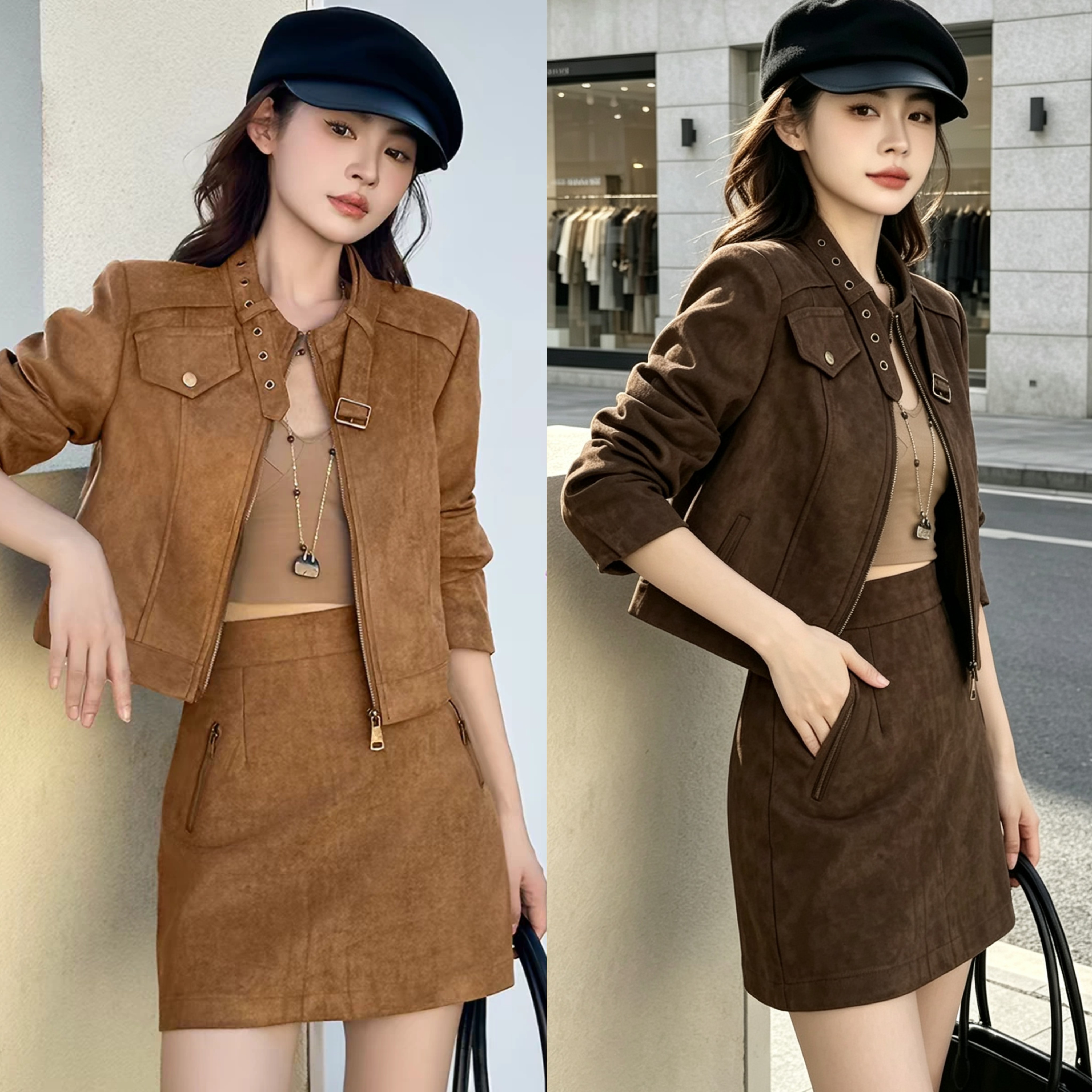美拉德麂皮绒套裙女秋冬2026新款小个子短款外套+包臀短裙两件套