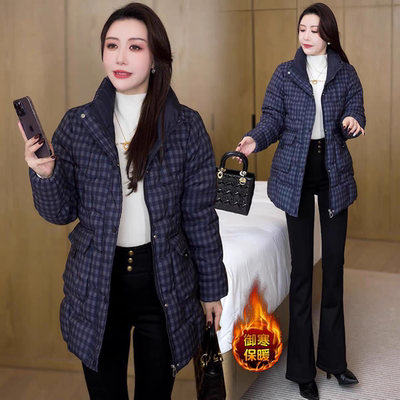 加绒加厚格子羽绒棉服女2025冬季新款洋气修身中长款保暖棉袄外套