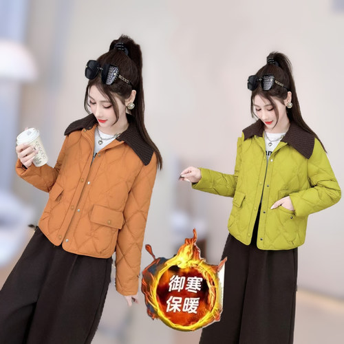 开衫菱格纹棉衣女2025冬季新款时尚宽松显瘦翻领袄子保暖短款外衣