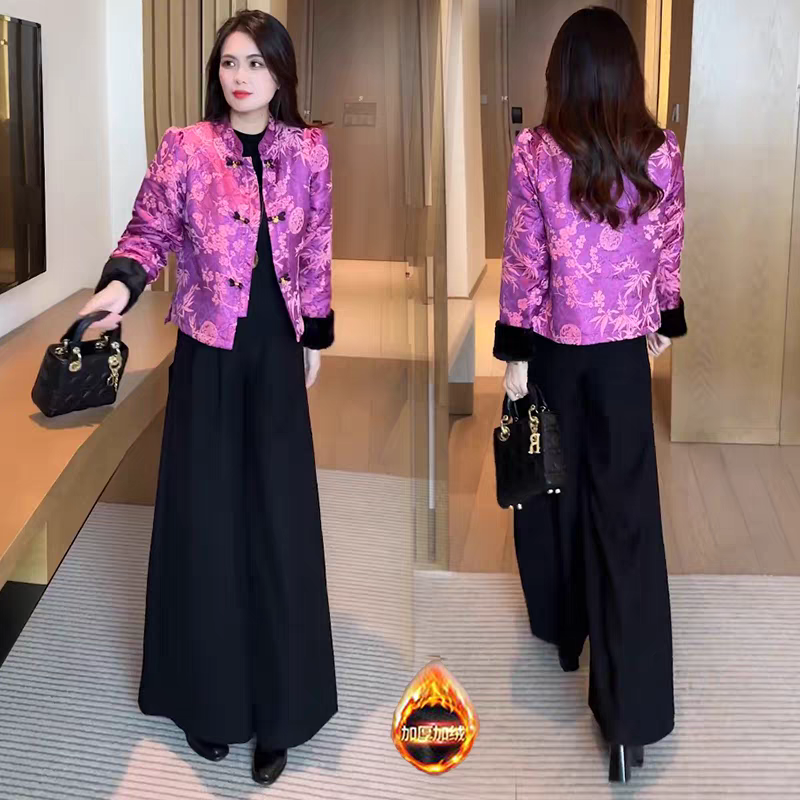 加绒加厚新中式短款外套女冬季新款洋气减龄丝绒提花盘扣保暖棉袄