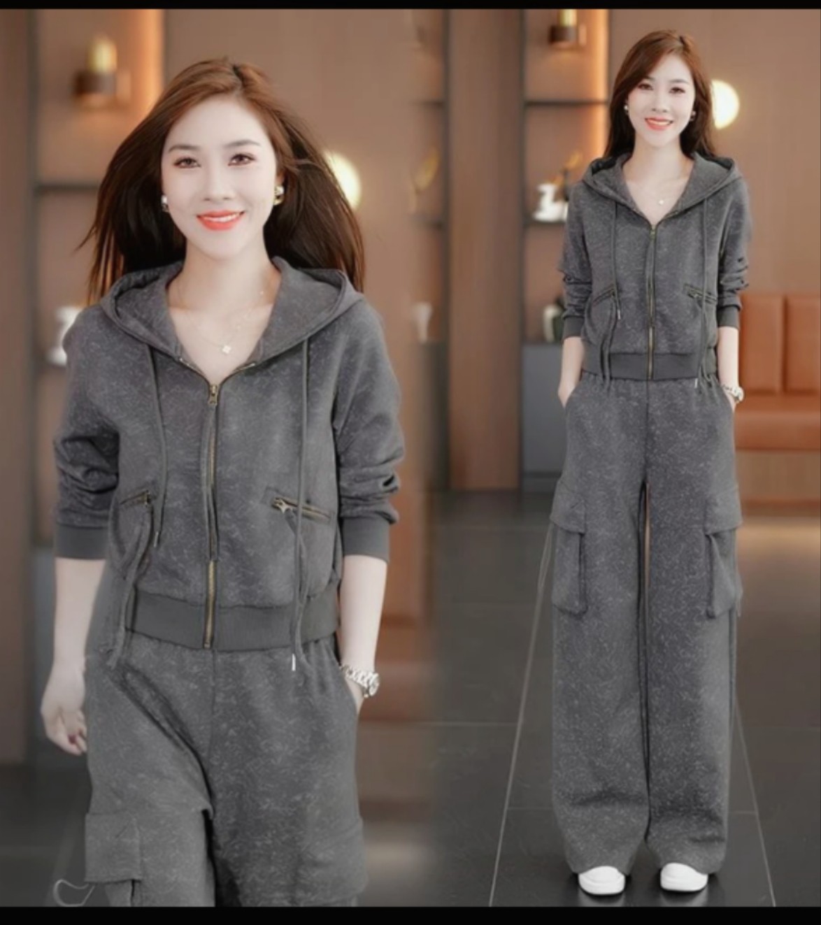 宽松休闲卫衣外套工装阔腿裤两件套女秋季新款洋气运动服时尚套装,女装/女士精品,休闲运动套装,淘宝优惠券,粉丝福利购,淘宝优惠卷