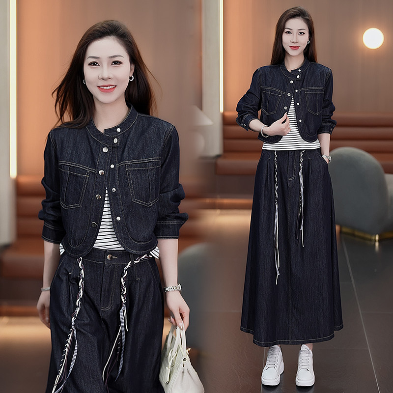 时尚牛仔套装裙女春季新款洋气质显瘦短外套条纹背心半身裙三件套,女装/女士精品,时尚套装,淘宝优惠券,粉丝福利购,淘宝优惠卷