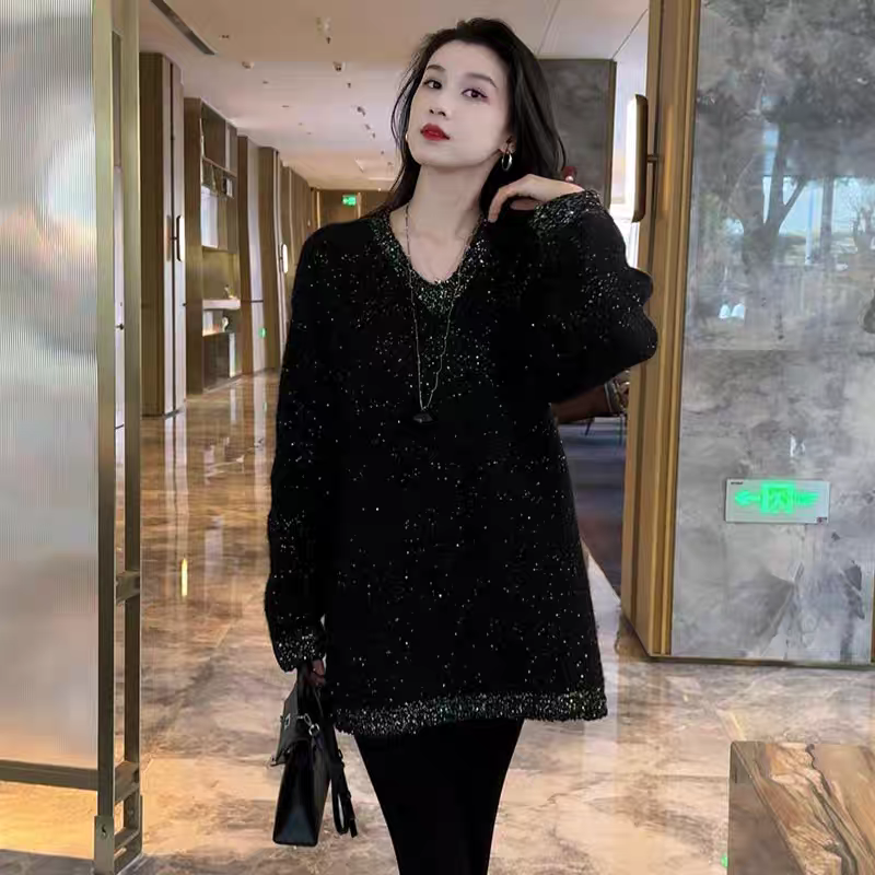 时髦重工细闪针织衫女秋冬新款软糯加厚保暖亮片毛衣宽松显瘦上衣