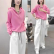 2026开春穿搭一整套超火套装 两件套女 减龄粉色连帽上衣白色阔腿裤