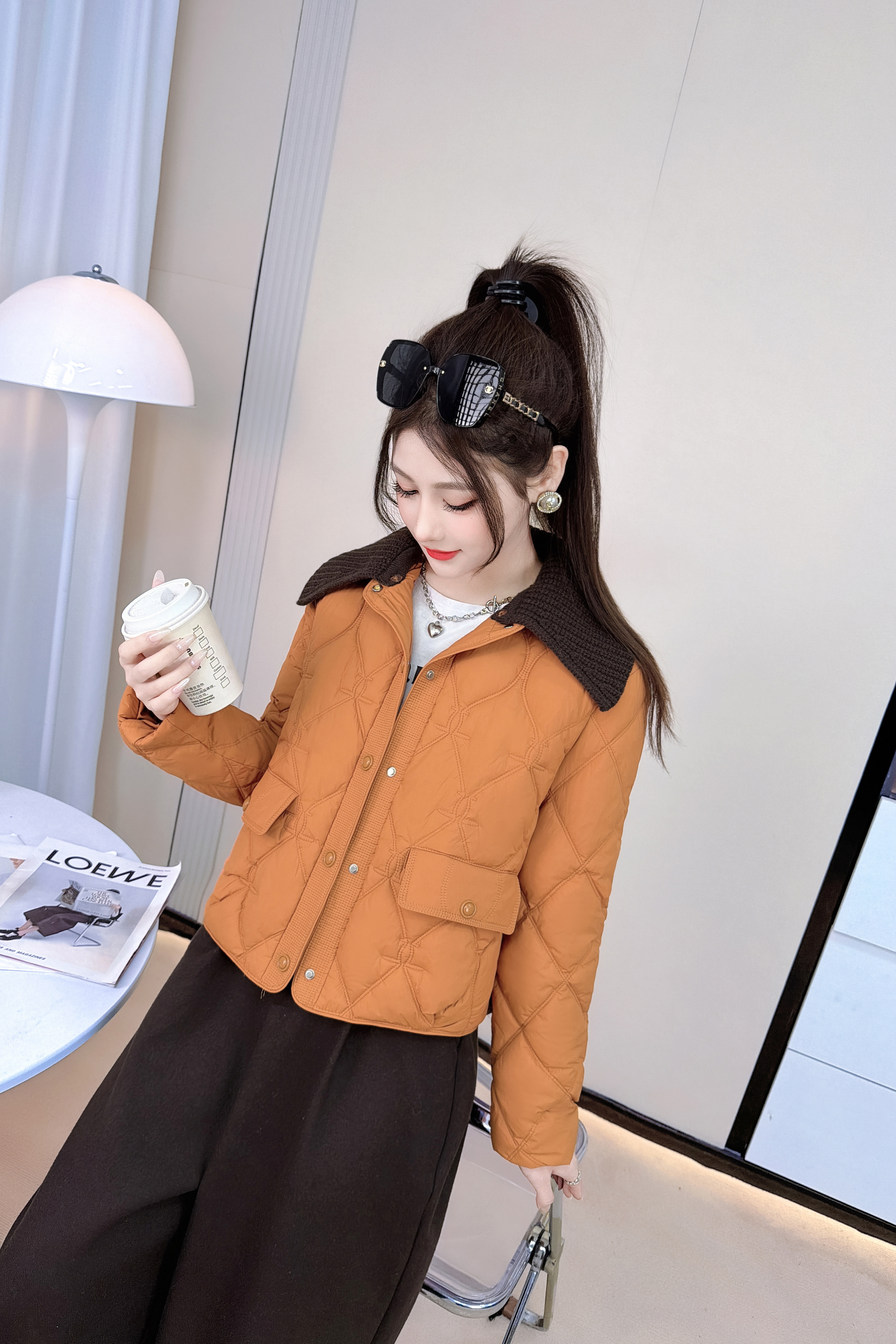 时尚菱格纹棉服女2025冬季新款洋气宽松显瘦翻领加厚保暖短款外套