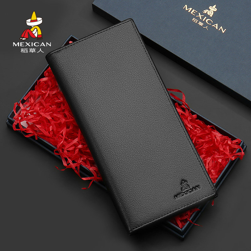 稻草人钱包男真皮钱夹礼盒软牛皮长款皮夹生日礼物送爸爸老公银包