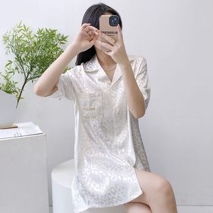 日系长款 衬衣宽松大码 白衬衫 短袖 可外穿睡衣潮 女冰丝睡裙新款 夏季